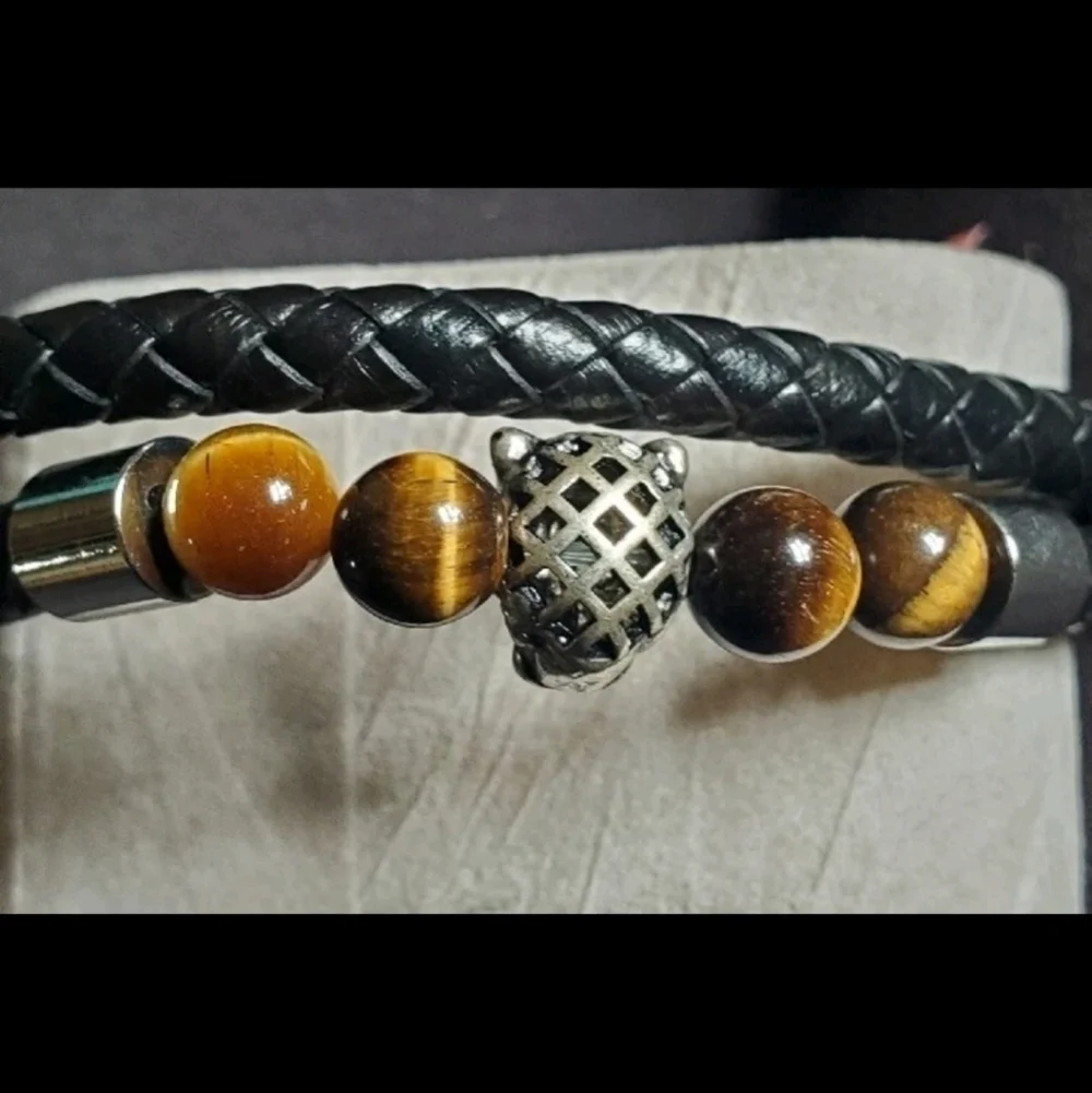 Genuine Leather Tiger's Eye Stainless Steel Panther Bracelet